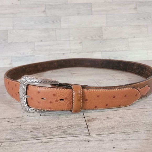 Men's Justin Western Brown Leather Ostrich Print Rodeo Cowboy Belt Size 42 - Picture 2 of 5